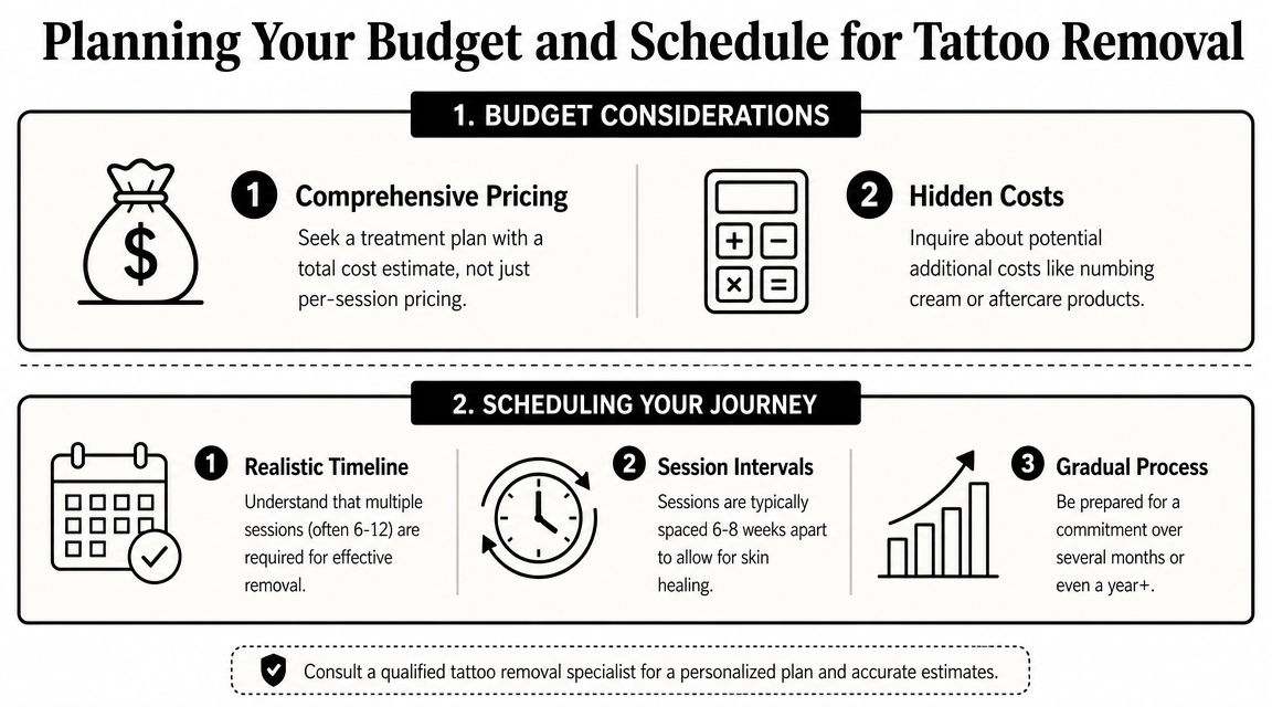 An infographic detailing important budget and scheduling considerations when planning a professional tattoo removal process.