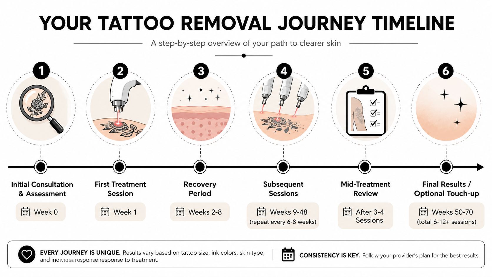 A diagram illustrating the six-step tattoo removal journey timeline from consultation to final results.