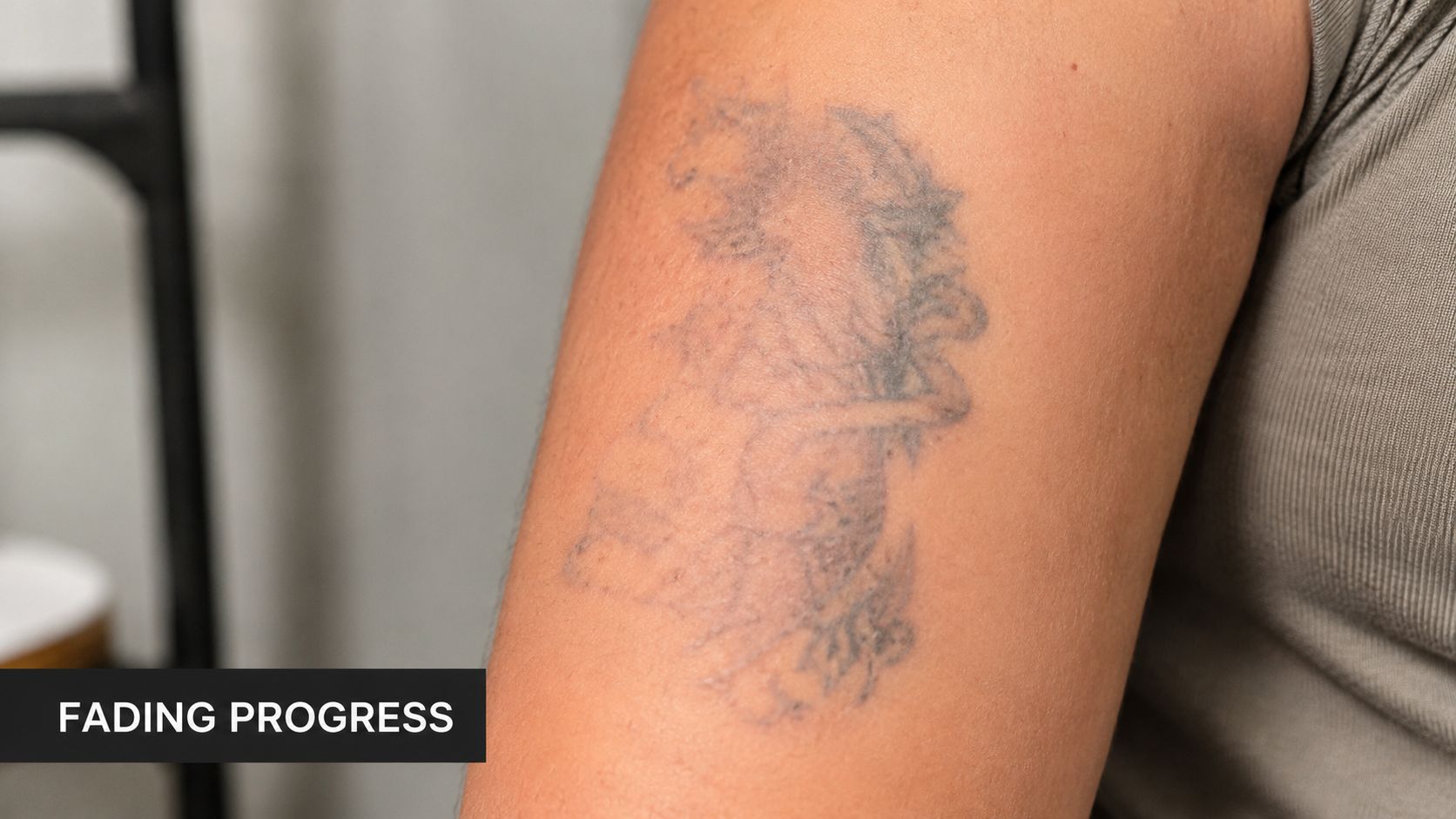 A close-up view of a person's upper arm showing a significantly faded tattoo from laser removal treatment.