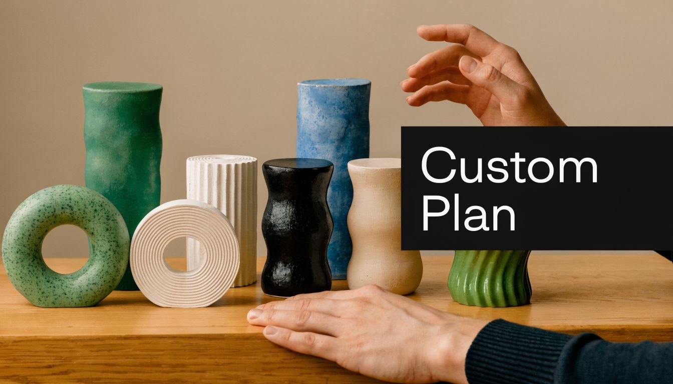 Hands arranging various modern ceramic vases and geometric sculptures on a wooden table in a studio.