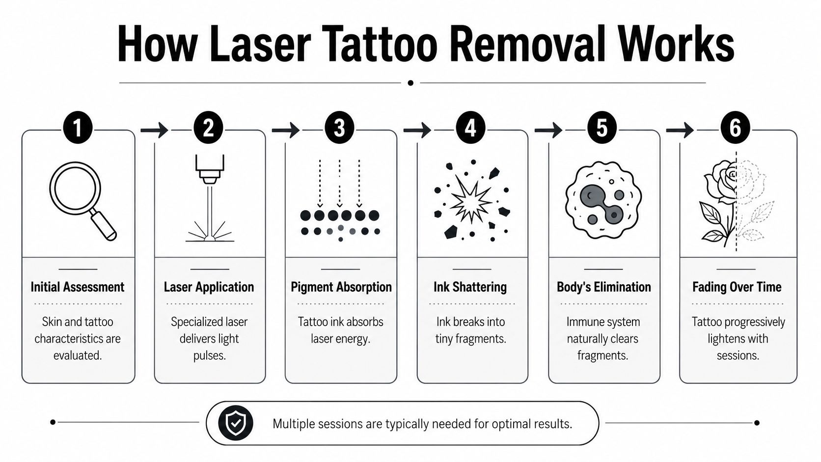 A six-step infographic illustrating the clinical process of how laser tattoo removal works on the skin.