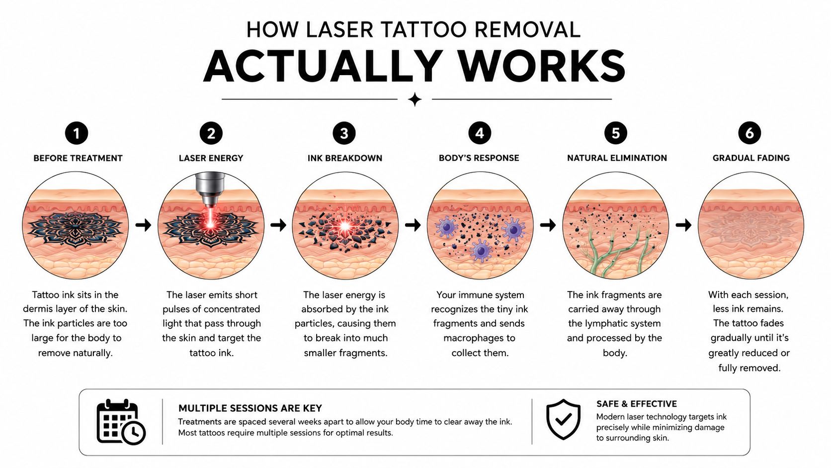 An infographic showing the step-by-step biological process of how laser tattoo removal works on skin.