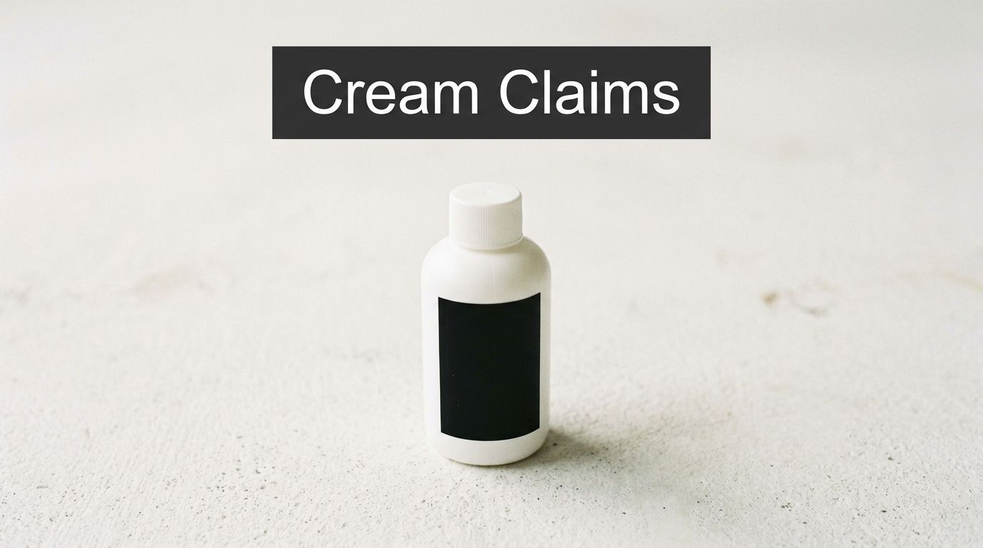 A small white bottle with a blank label stands on a textured surface under the text Cream Claims.