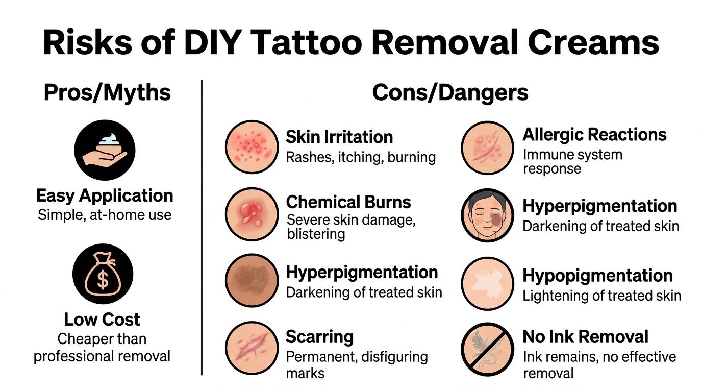 An infographic showing the risks and cons of using DIY tattoo removal creams versus potential myths.