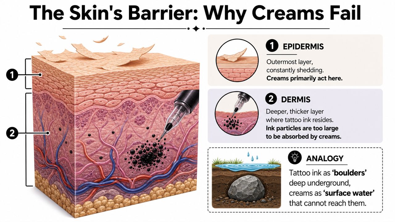 A diagram explaining why tattoo removal creams fail by illustrating skin layers and deep ink particles.