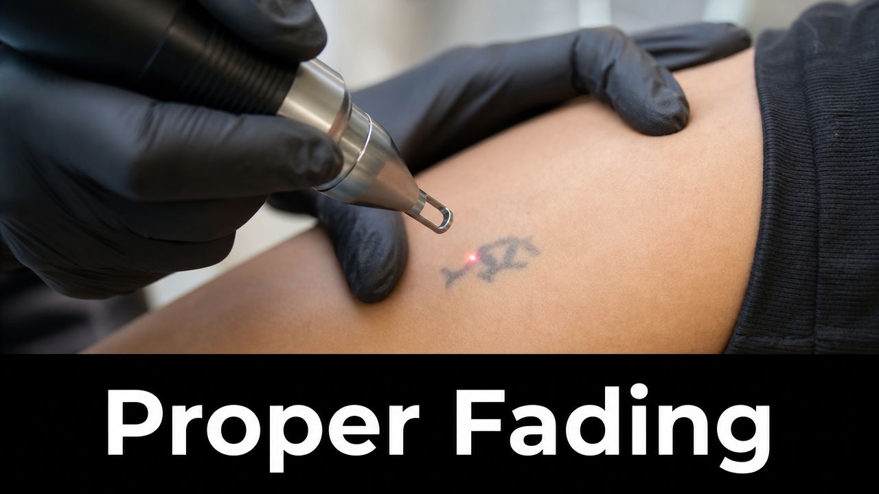 A professional laser technician in black gloves performing a tattoo removal session on a person's arm.