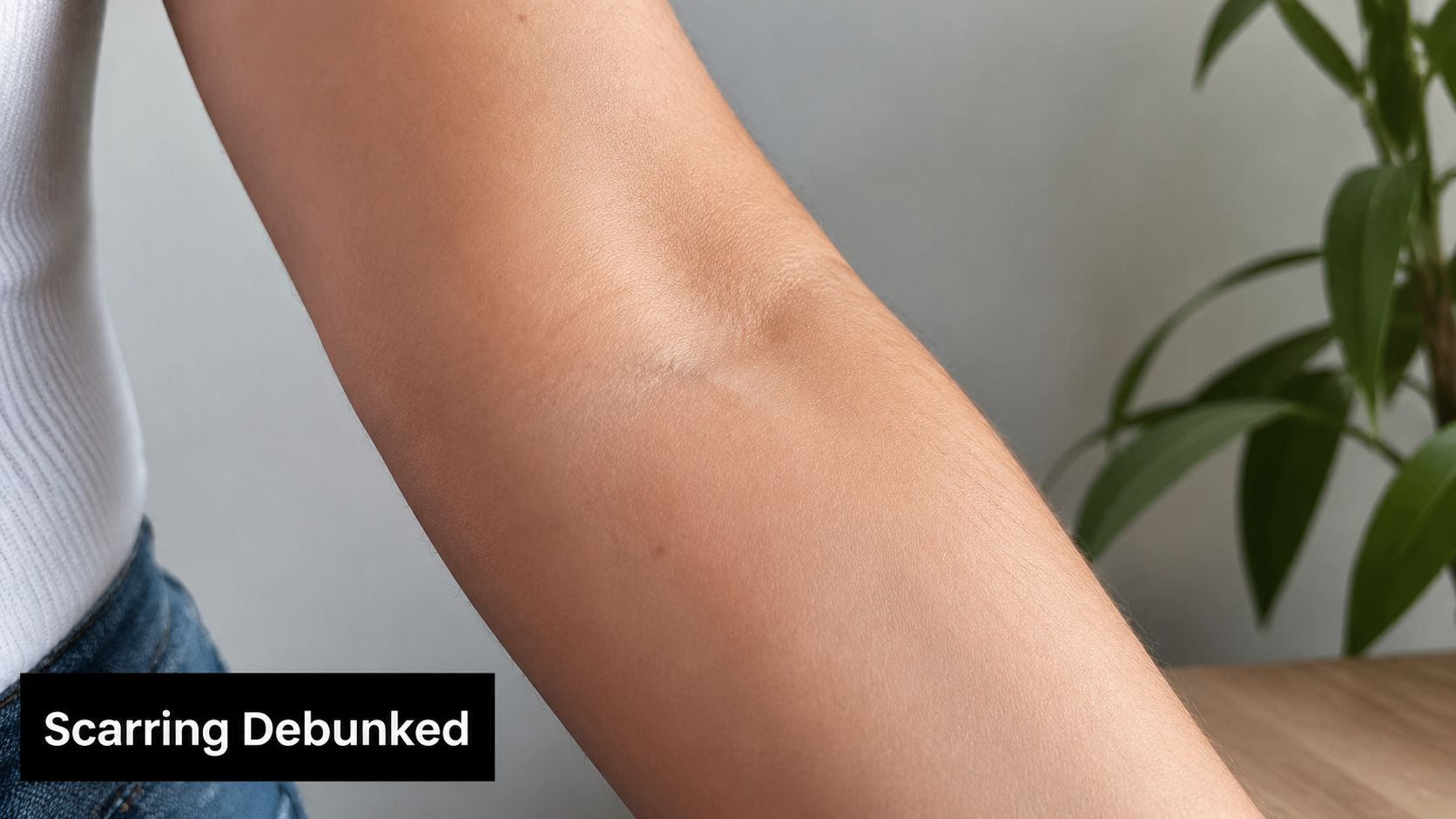 A close-up view of a person's inner elbow showing clear, healthy skin after laser treatment.
