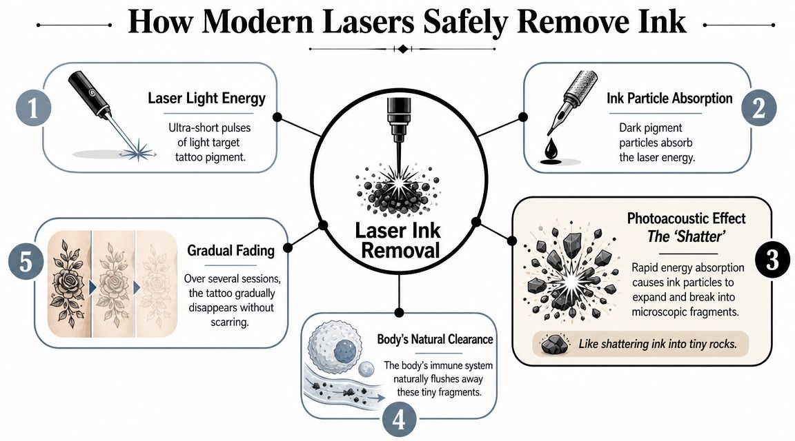 An infographic diagram explaining the five stages of how modern lasers safely remove tattoo ink from skin.