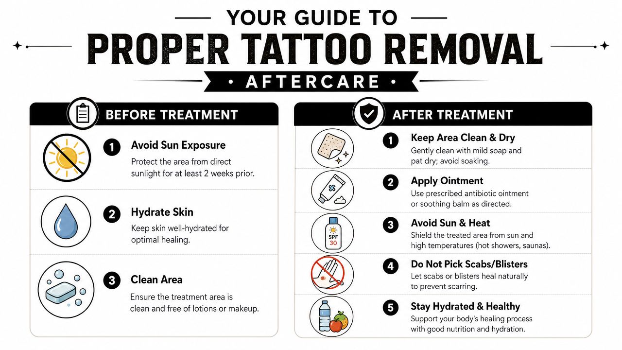 An infographic titled Your Guide to Proper Tattoo Removal Aftercare with steps before and after treatment.