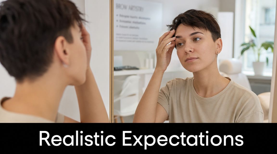 A person looks at their reflection in a mirror to discuss brow artistry and expectations.