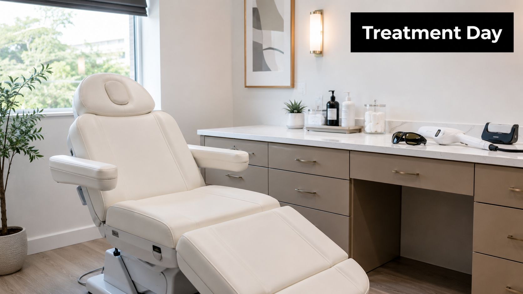 A modern and clean aesthetic treatment room with a medical chair, laser equipment, and organized skincare supplies.