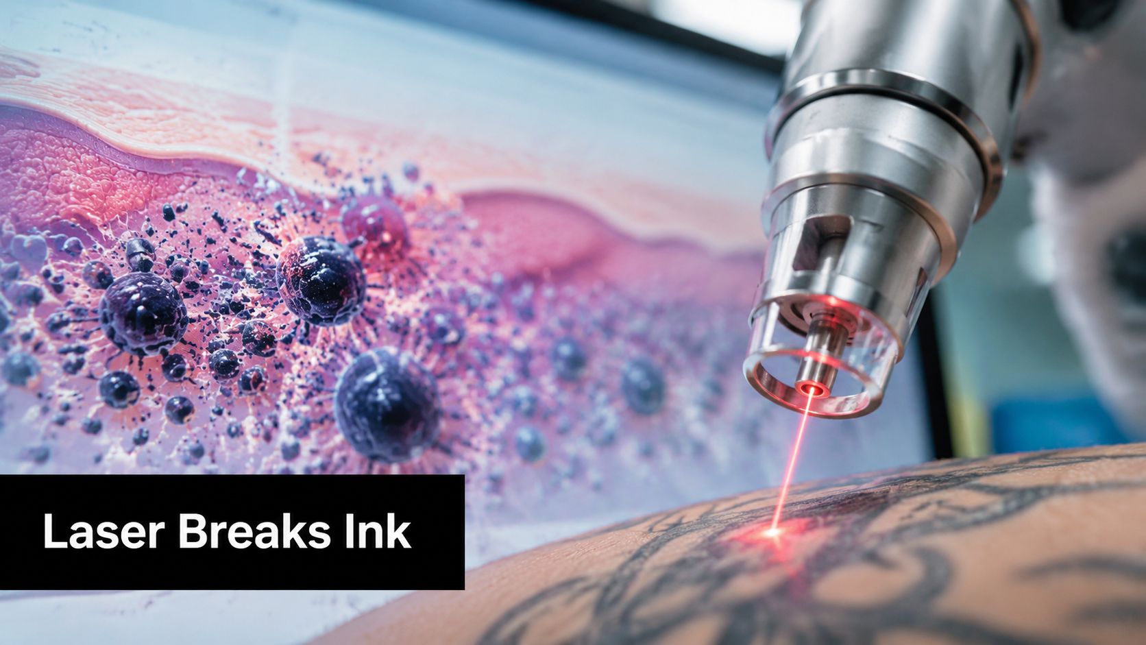 A professional laser device removing ink from a skin tattoo, with a graphical representation shown behind.