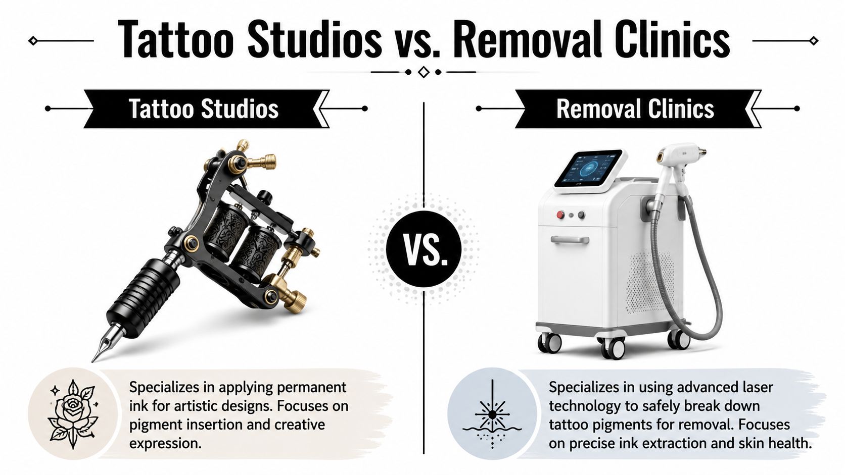 A comparative infographic showing a tattoo machine for application versus a laser machine for tattoo removal.