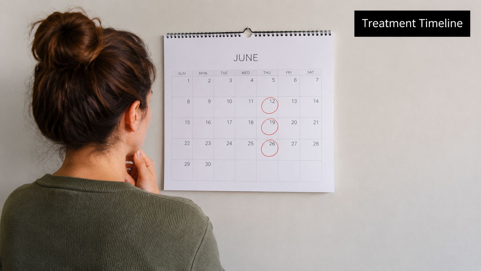 A person looking at a June calendar on a wall with three specific dates circled in red.