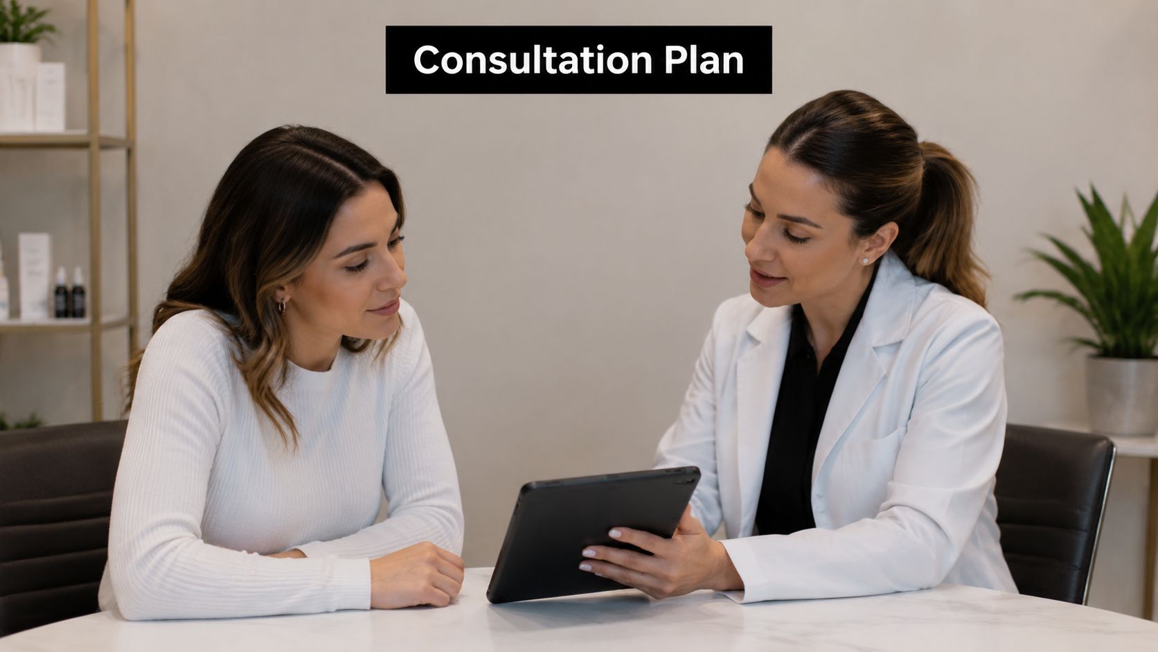 A professional aesthetician reviewing a digital consultation plan on a tablet with a female client in office.