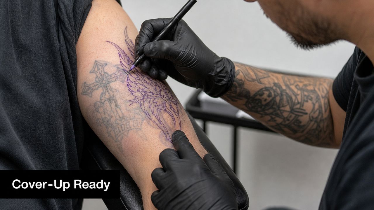 A professional tattoo artist drawing a design on a client's arm to prepare for a cover-up tattoo.