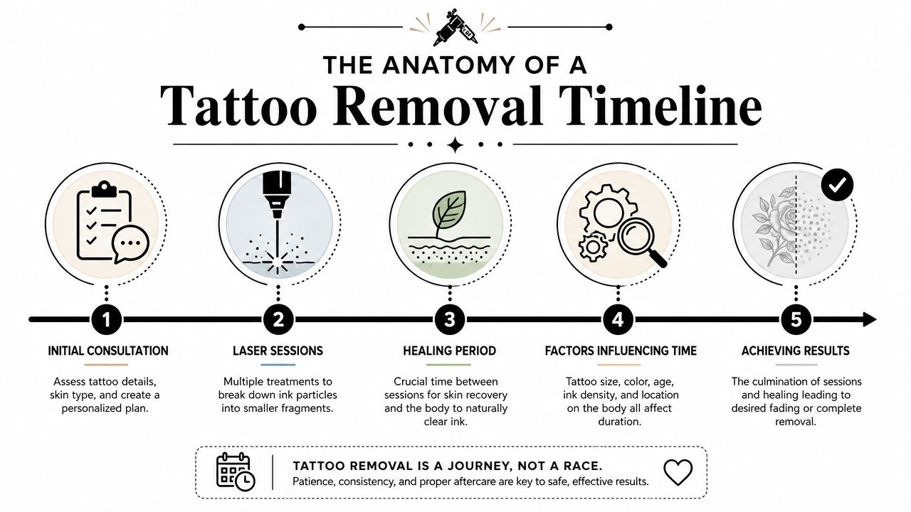 A diagram outlining the five-step process of professional laser tattoo removal, from initial consultation to final results.