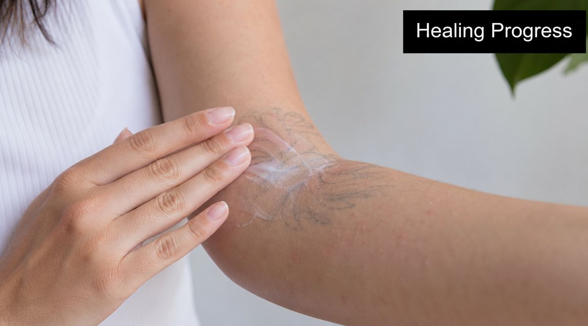 A person applying soothing cream to their forearm during the tattoo removal healing process.