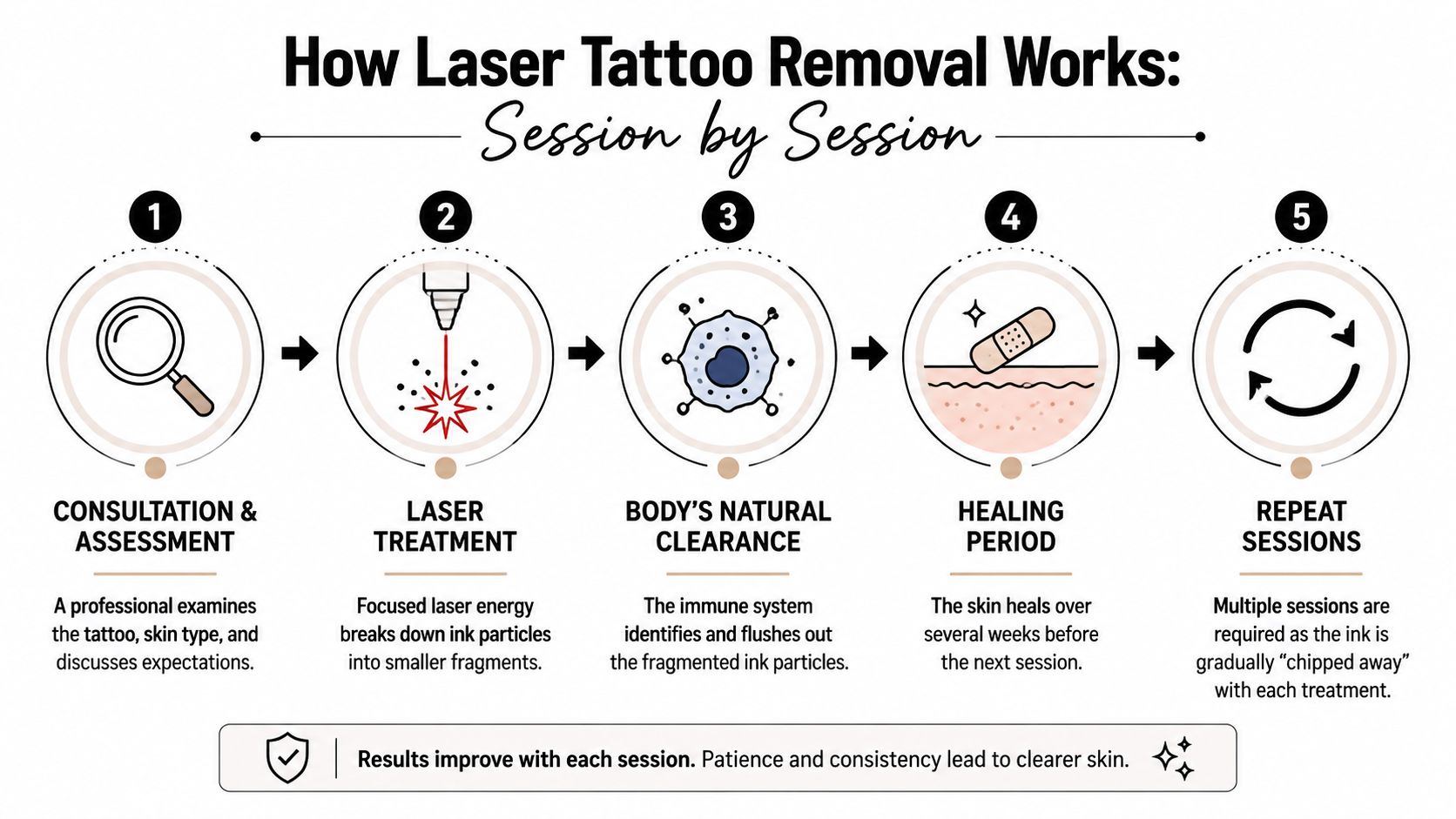 A five-step infographic showing the process of laser tattoo removal from initial consultation to final results.