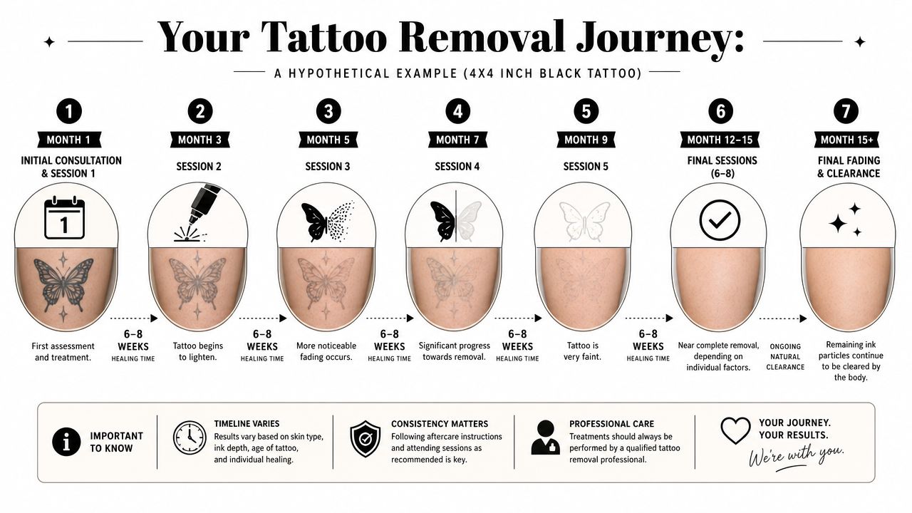 A step-by-step infographic showing the typical timeline for professional laser tattoo removal over fifteen months.