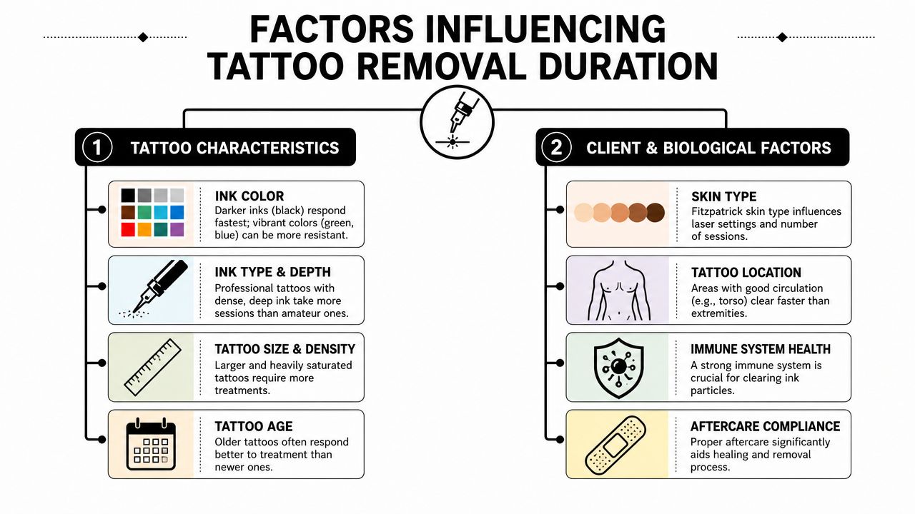An infographic detailing the various tattoo characteristics and biological factors that influence the total tattoo removal duration.