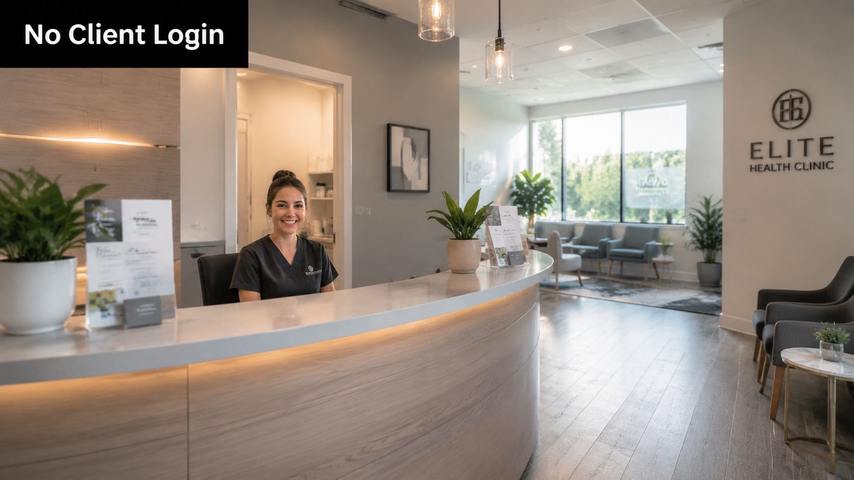 A friendly receptionist smiling behind the front desk of a modern and clean Elite Health clinic.