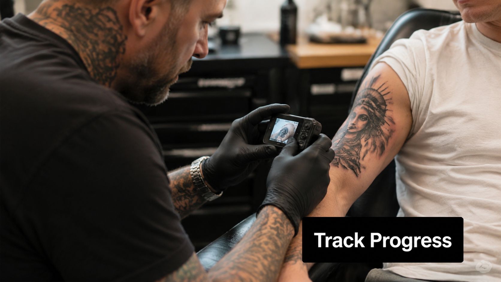A professional tattoo artist in black gloves photographs a portrait tattoo on a client's upper arm.