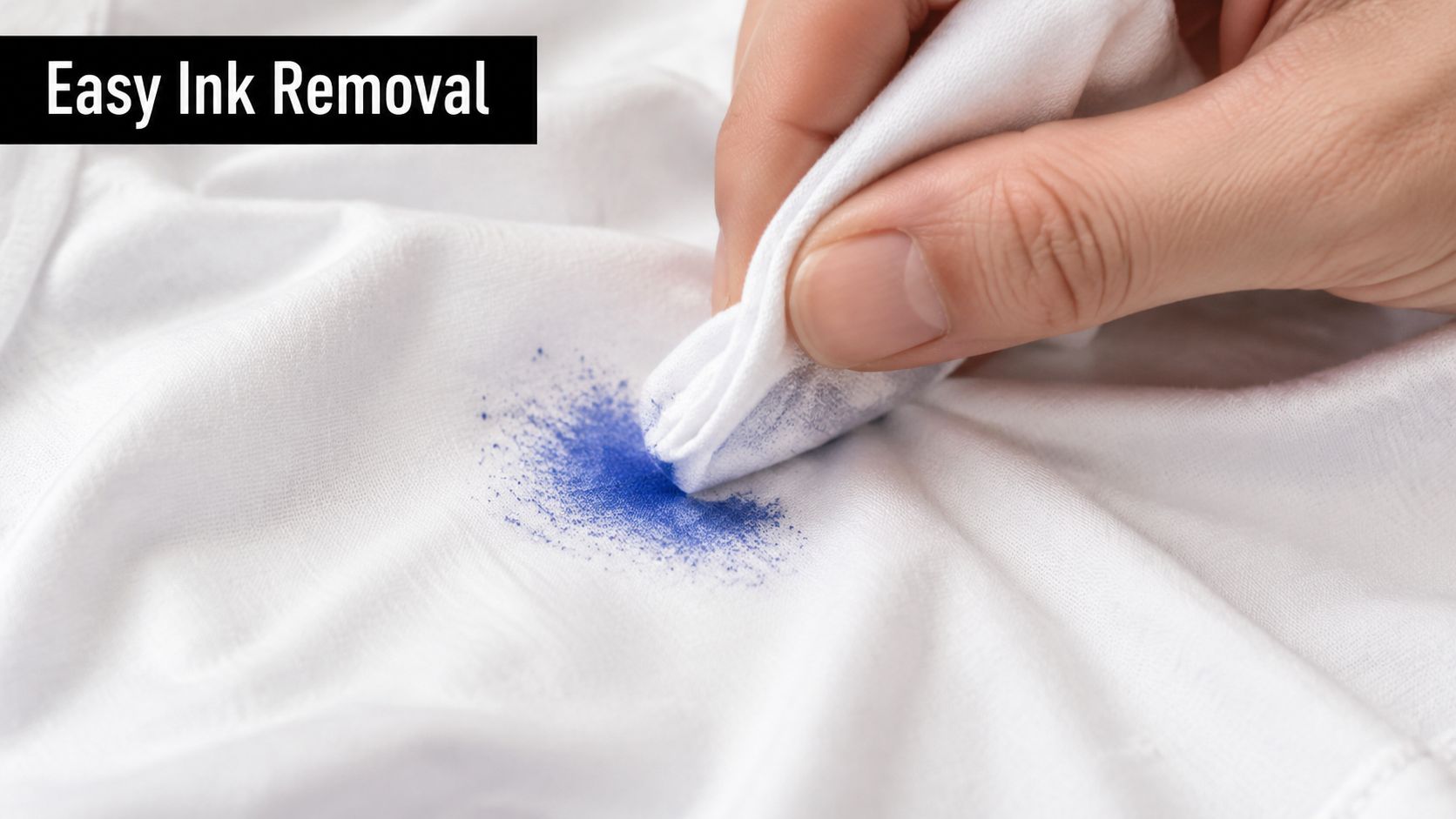 A hand holding a white cloth to blot a blue ink stain off a piece of fabric.