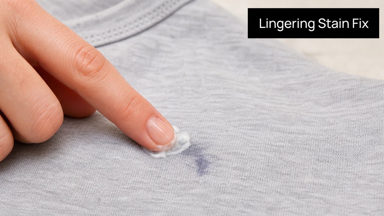 A close-up view of a finger applying stain remover cream onto a small ink mark on grey fabric.