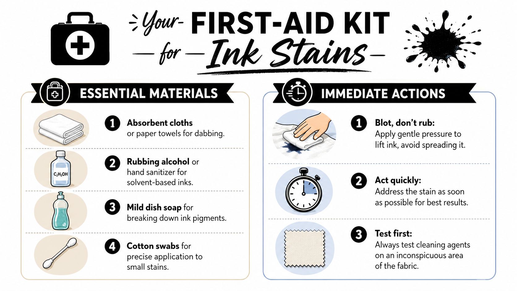 An infographic titled Your First Aid Kit for Ink Stains listing essential materials and immediate cleaning actions.
