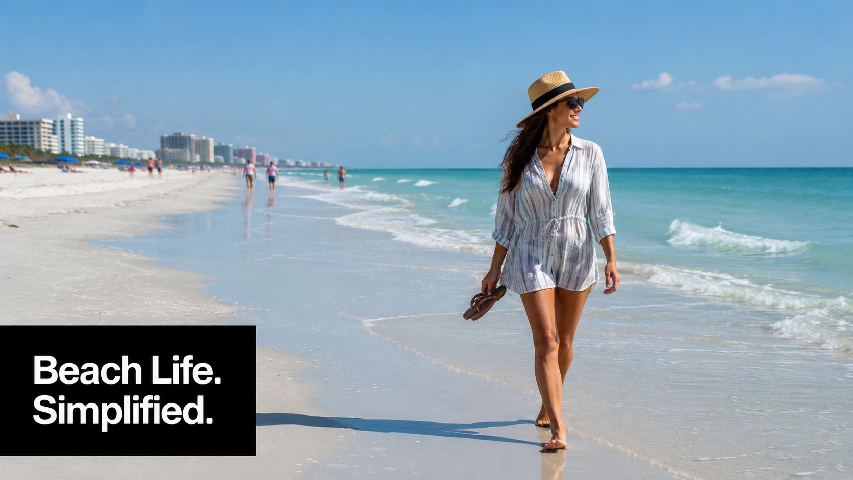 A woman in a sun hat and cover-up walking on a pristine Clearwater beach with turquoise water.