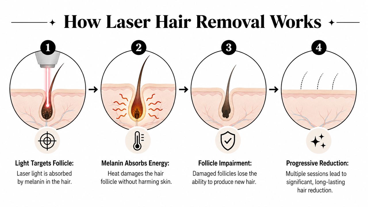 A four-step infographic illustrating how laser light targets melanin to damage hair follicles for permanent reduction.