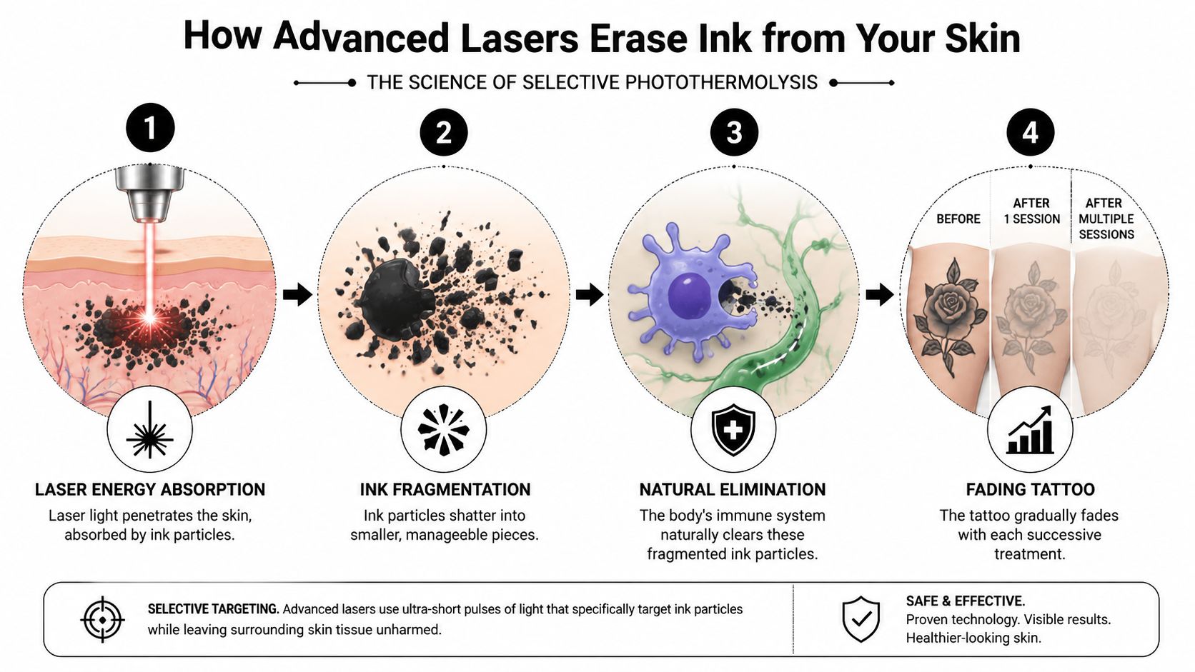 A four-step infographic illustrating how laser treatment breaks down skin ink for effective tattoo removal.