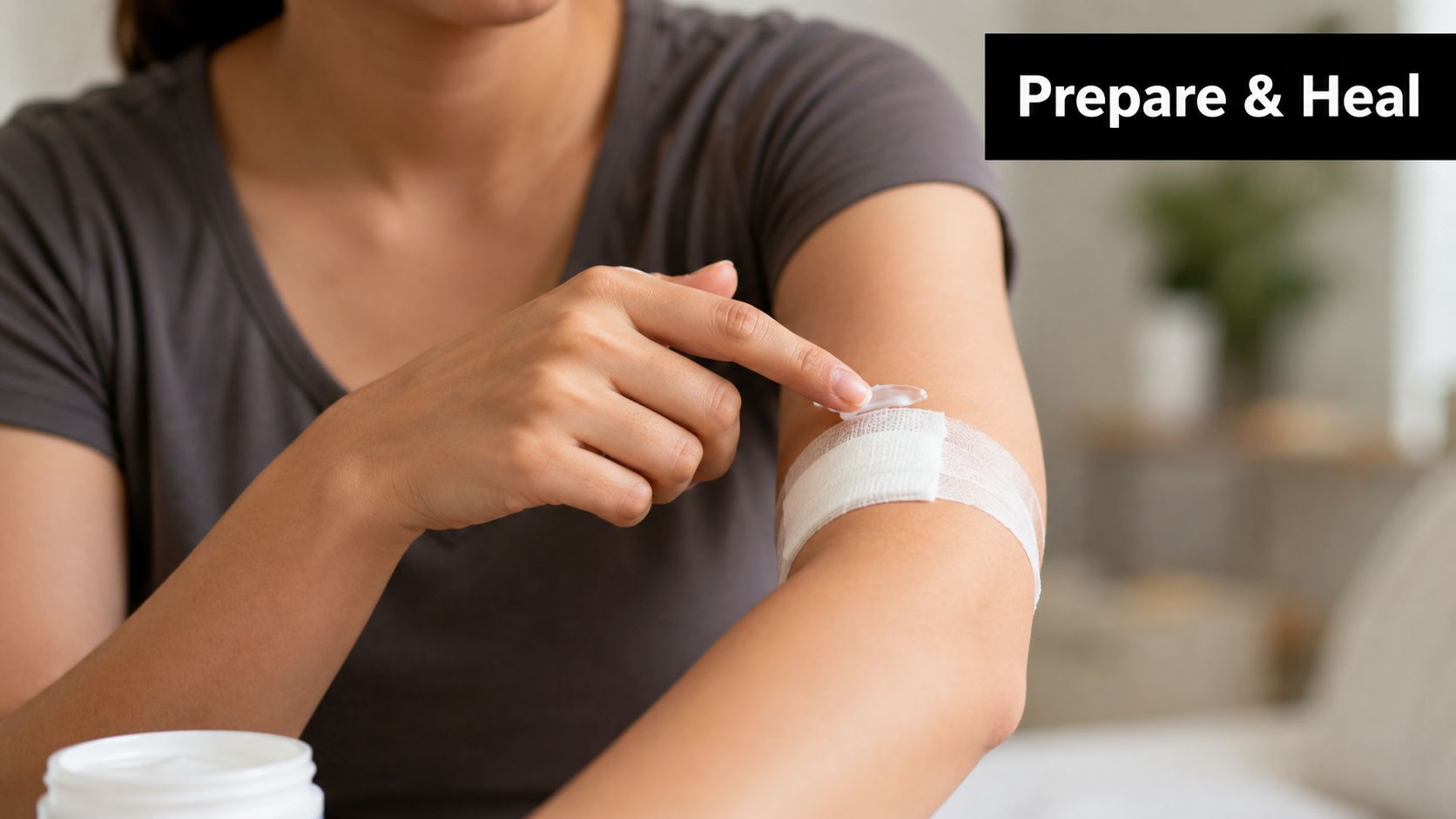 A woman applying healing cream to a bandaged arm after undergoing a medical procedure or laser treatment.