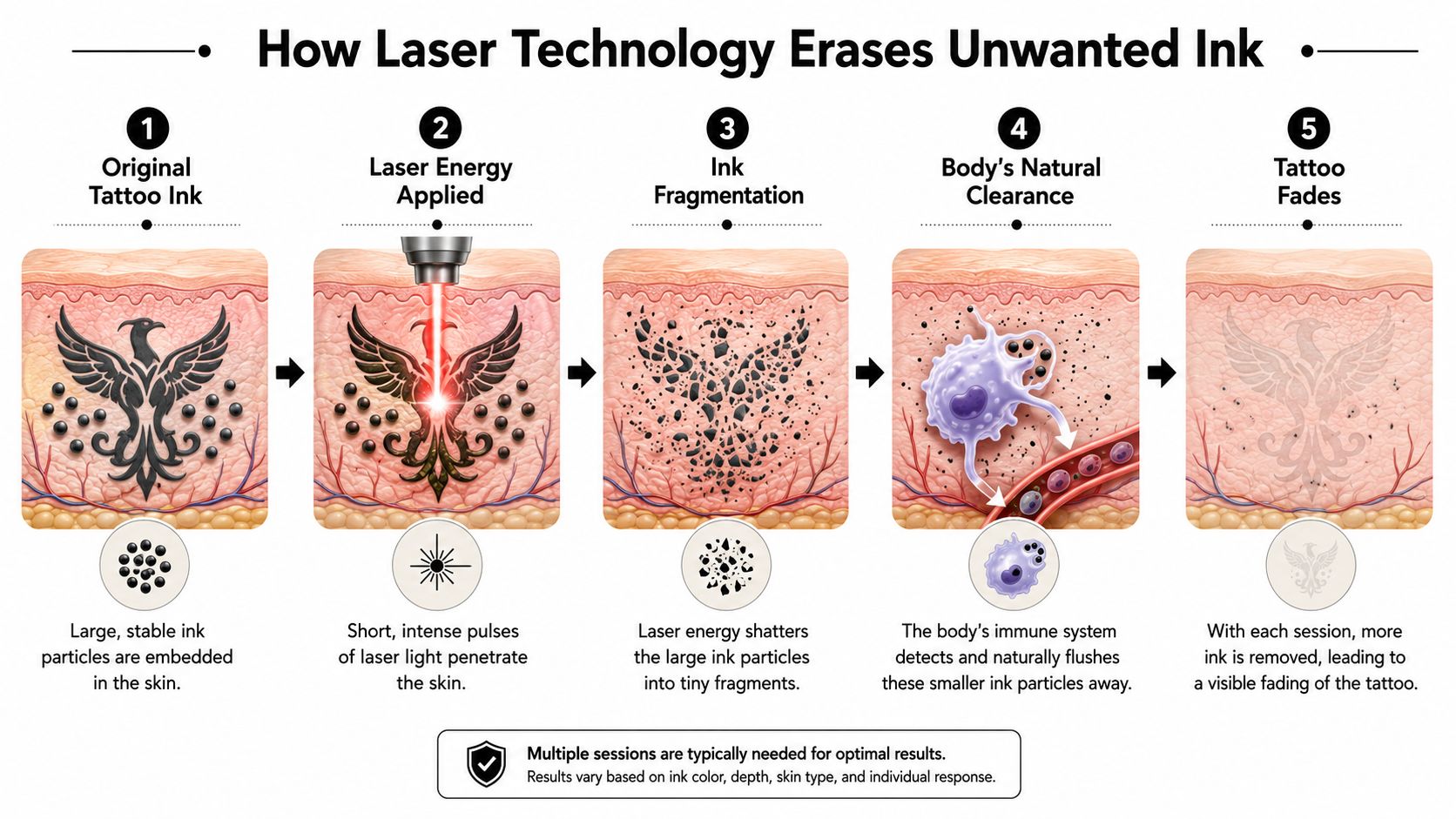A five-step infographic illustrating the medical process of how laser technology removes tattoo ink from skin.