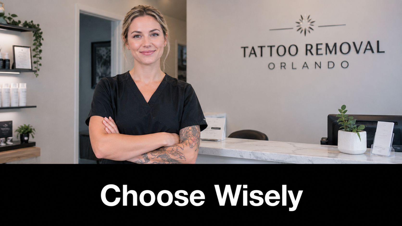 A professional technician with tattooed arms standing at a modern medical spa reception desk smiling confidently.