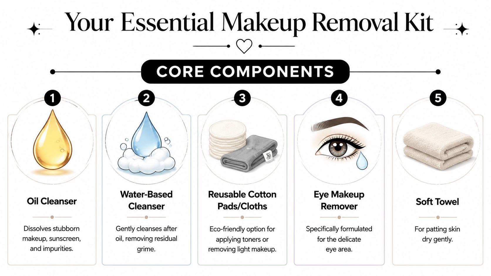 An infographic detailing five essential components for an effective makeup removal kit, including cleansers and cloths.