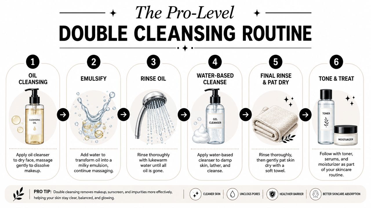An infographic showing a six-step professional double cleansing routine for effective face and makeup removal.