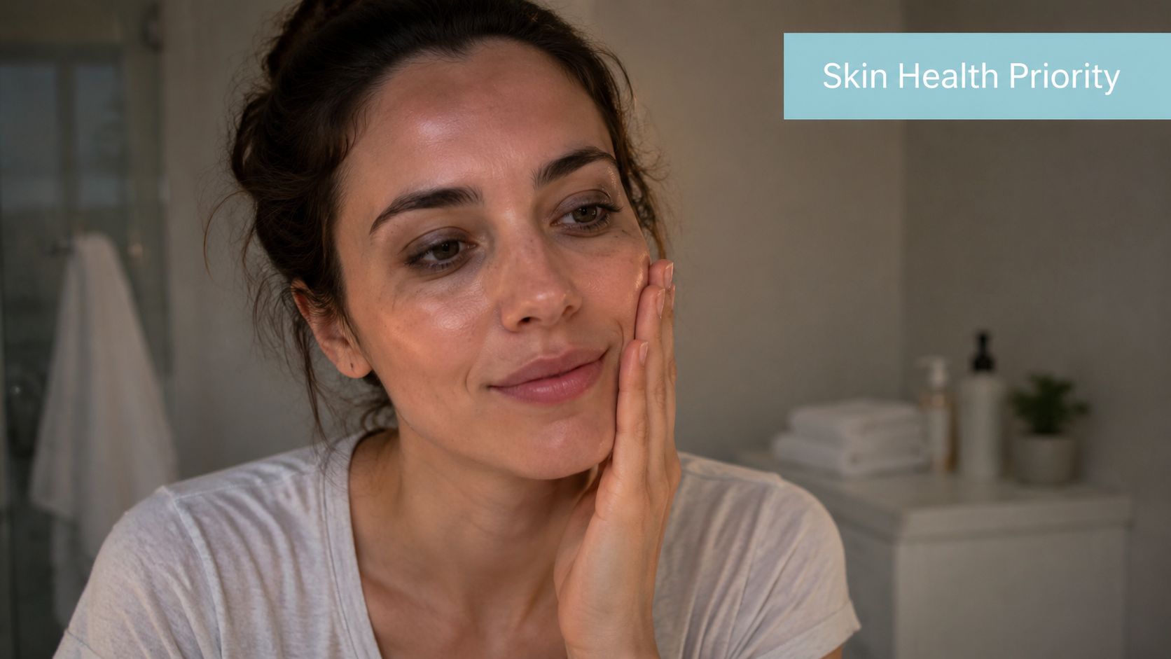 A woman gently touching her face while performing a skincare routine in a bright modern bathroom.
