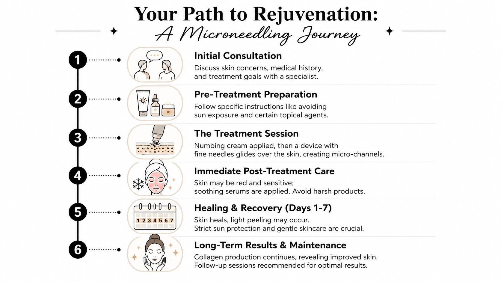 A step-by-step infographic illustrating the professional microneedling treatment journey from initial consultation to long-term skin maintenance results.