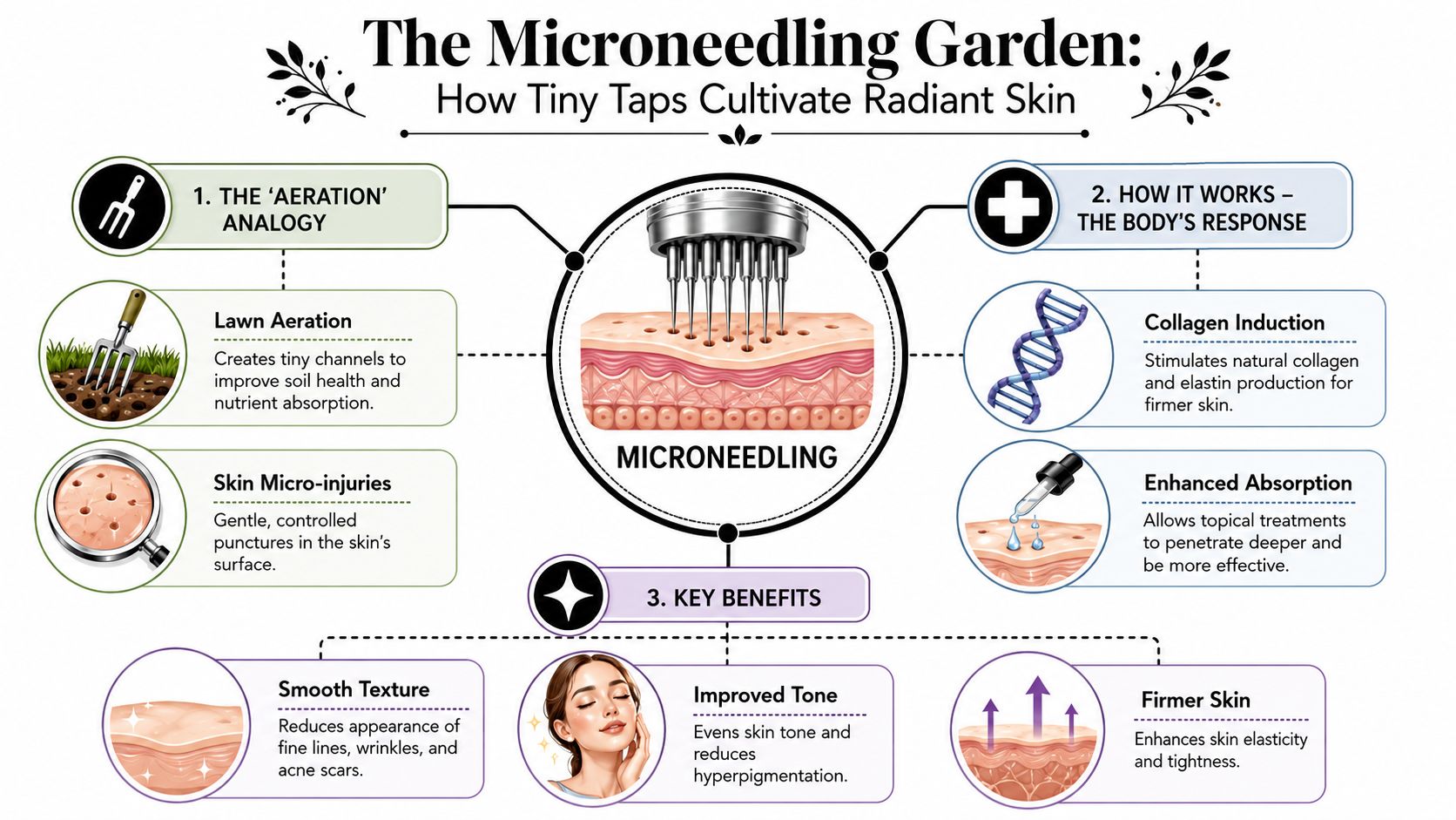 An educational infographic explaining the microneedling process, benefits, and the body's natural healing response.