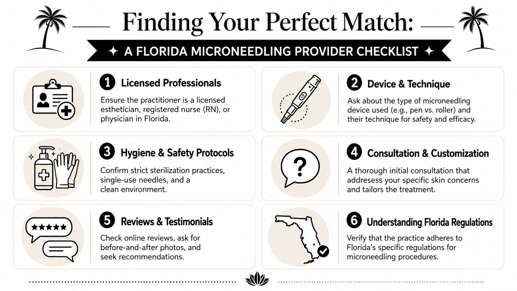 A helpful checklist infographic for finding a qualified and safe microneedling provider in the state of Florida.