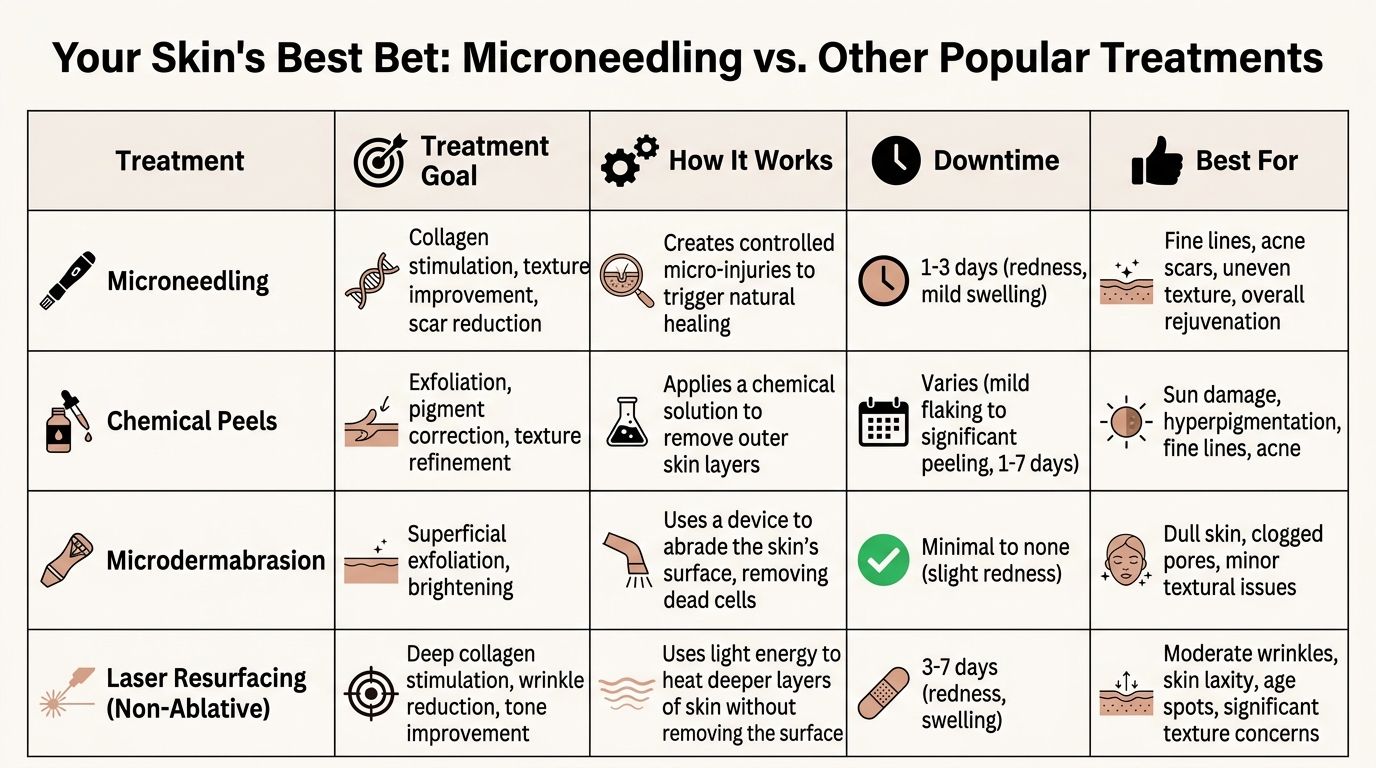 A comparison chart outlining the treatment goals, mechanisms, downtime, and benefits of microneedling versus other skincare procedures.