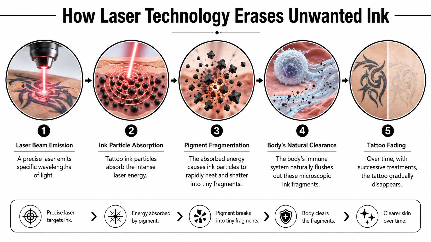 A five-step infographic showing how laser technology removes tattoo ink through energy absorption and body clearance.