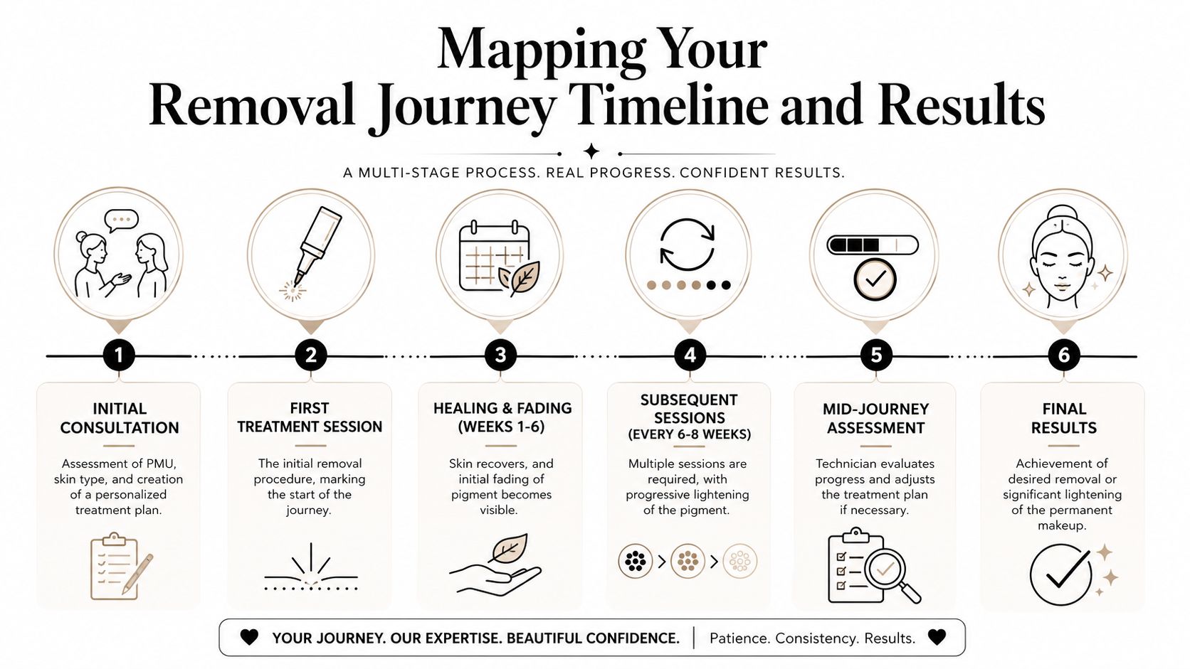 An infographic illustrating the six-step process of professional permanent makeup removal, from consultation to final results.
