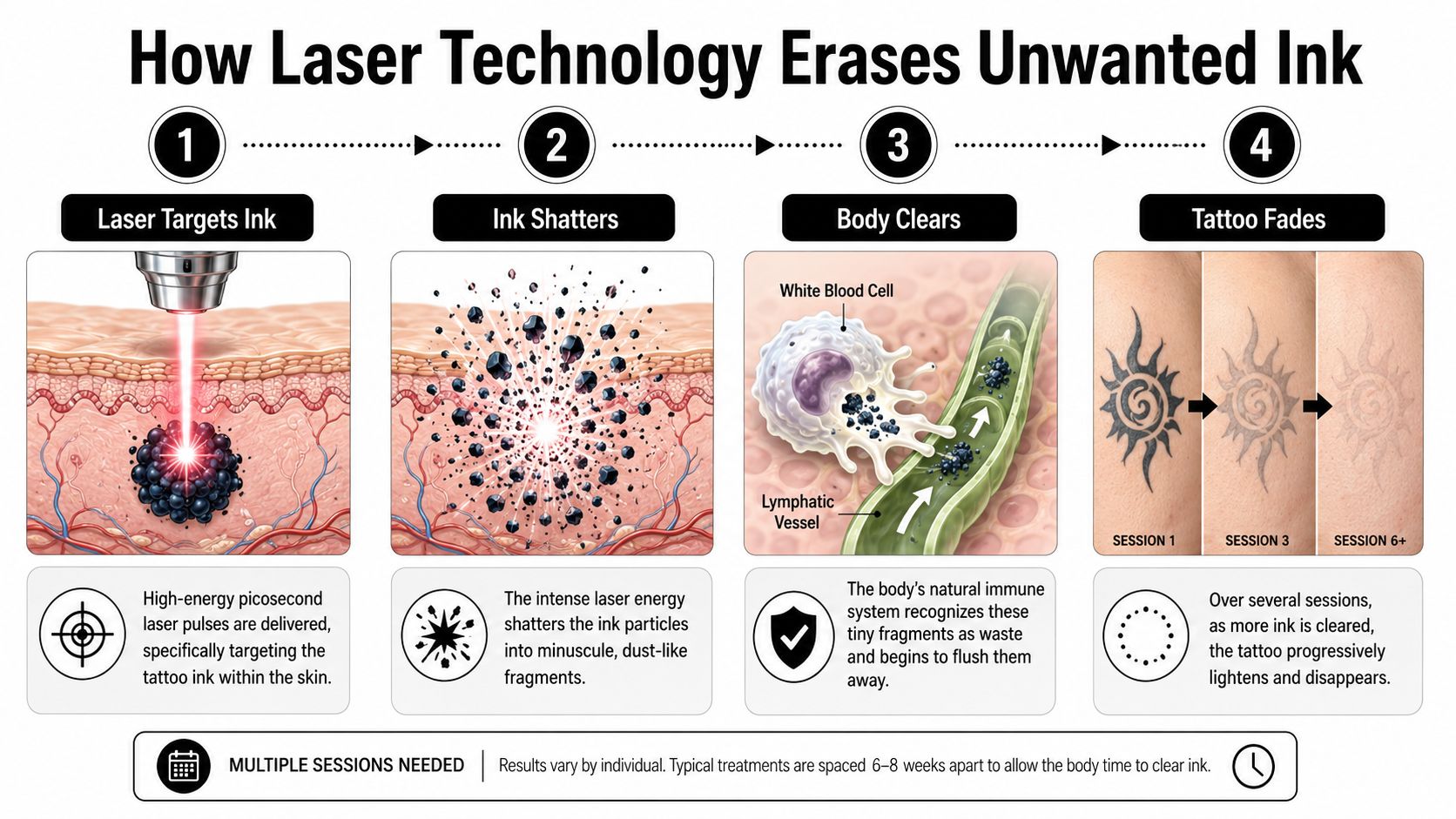 A four-step diagram illustrating how laser technology effectively breaks down and removes tattoo ink from skin.