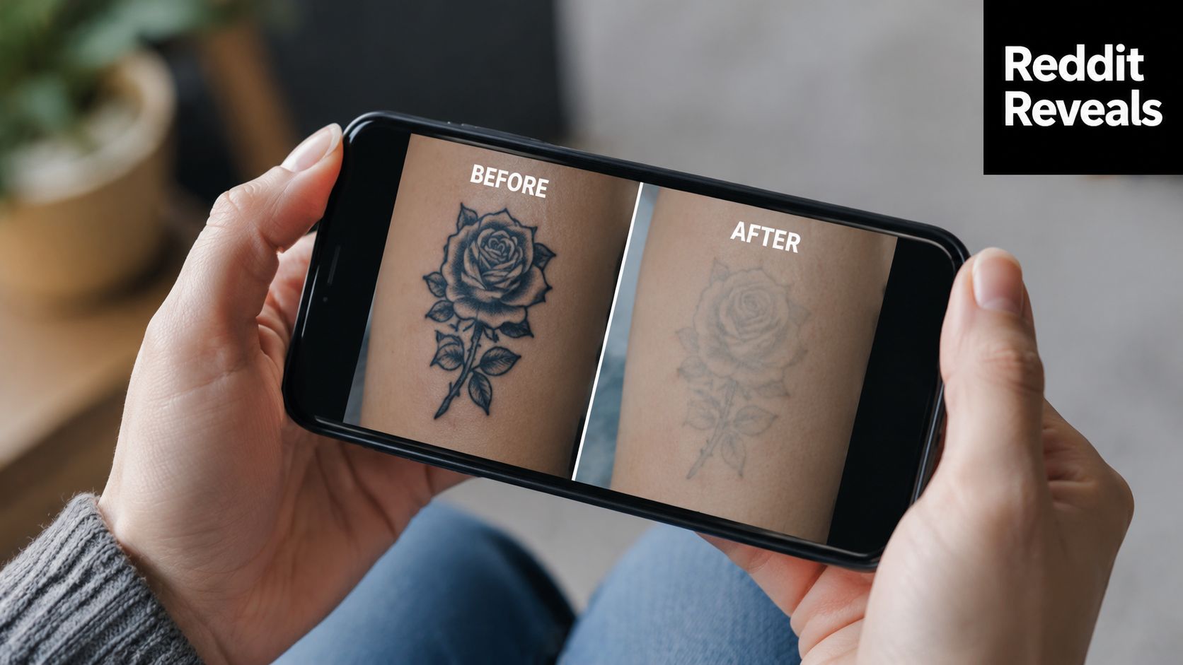 A person holds a smartphone displaying a before and after comparison of a rose tattoo removal process.