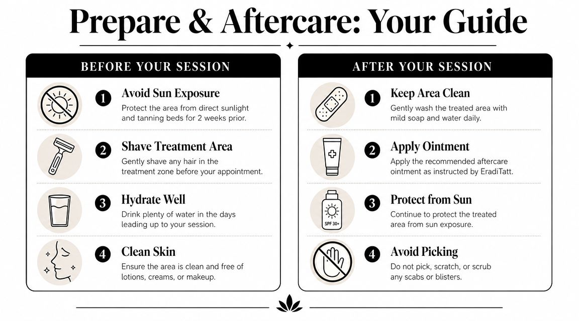 A guide for tattoo removal preparation and aftercare steps, featuring icons for before and after session instructions.