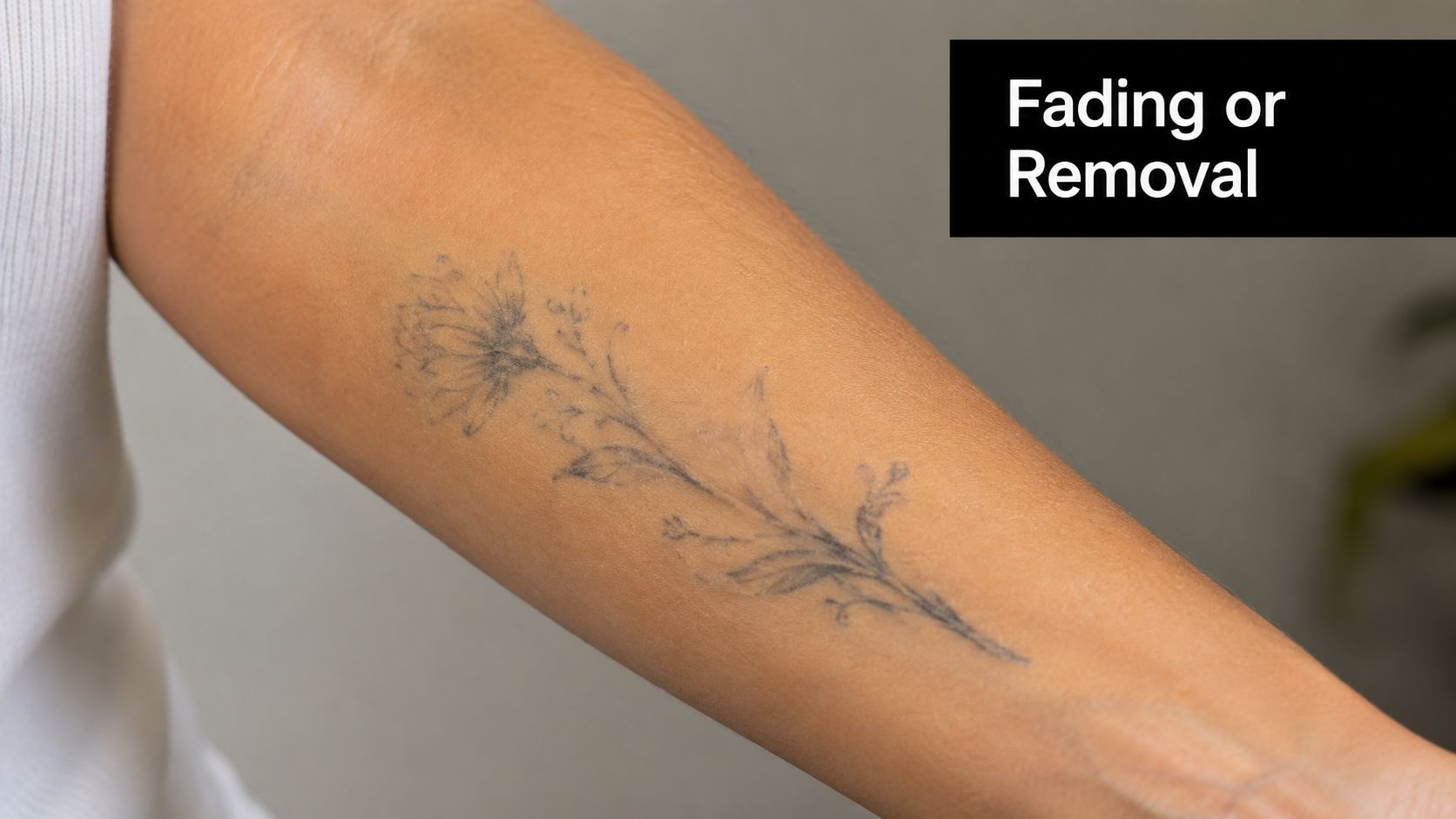 A close-up view of a faded floral tattoo on a person's forearm, illustrating tattoo removal progress.