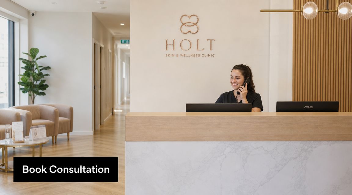 A friendly receptionist taking a phone call at the modern front desk of Holt Skin and Wellness clinic.